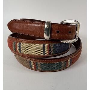 Vintage 80’s Irvine Park Men’s Belt Distressed Brown Leather/Striped Fabric 3 XL